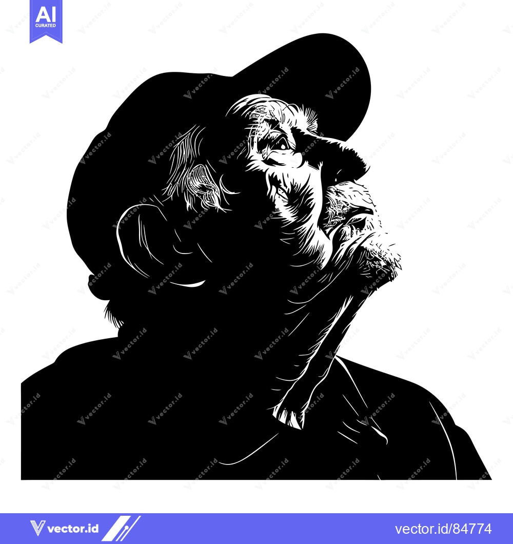Premium Vector of Black and White Line Art Illustration of an Elderly Man with a Cap Loo