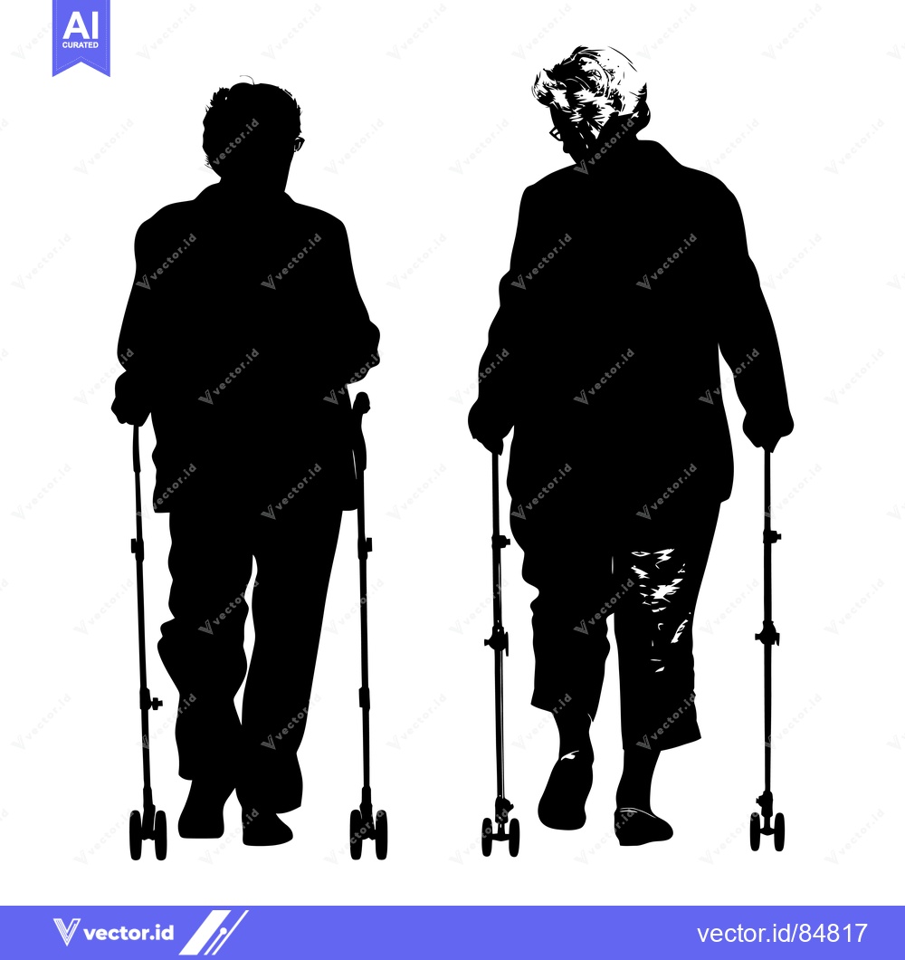 Premium Vector dari Silhouette of Two Elderly People Walking with Rollator Walkers