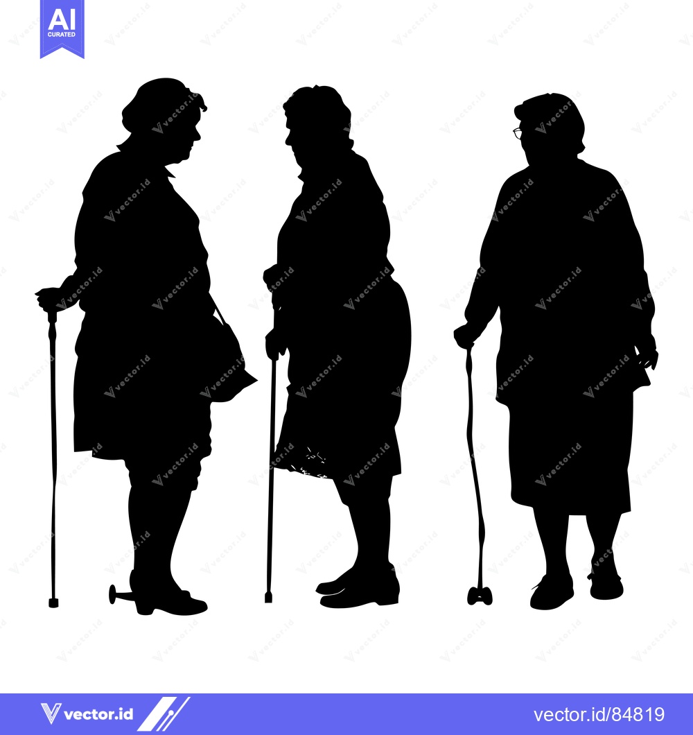 Premium Vector dari Three Silhouettes of Elderly Women with Walking Sticks