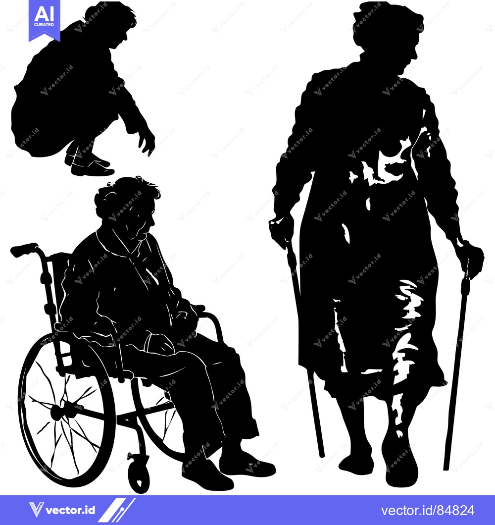 Premium Vector dari Silhouettes of Three People, One in a Wheelchair, One with a Cane, and