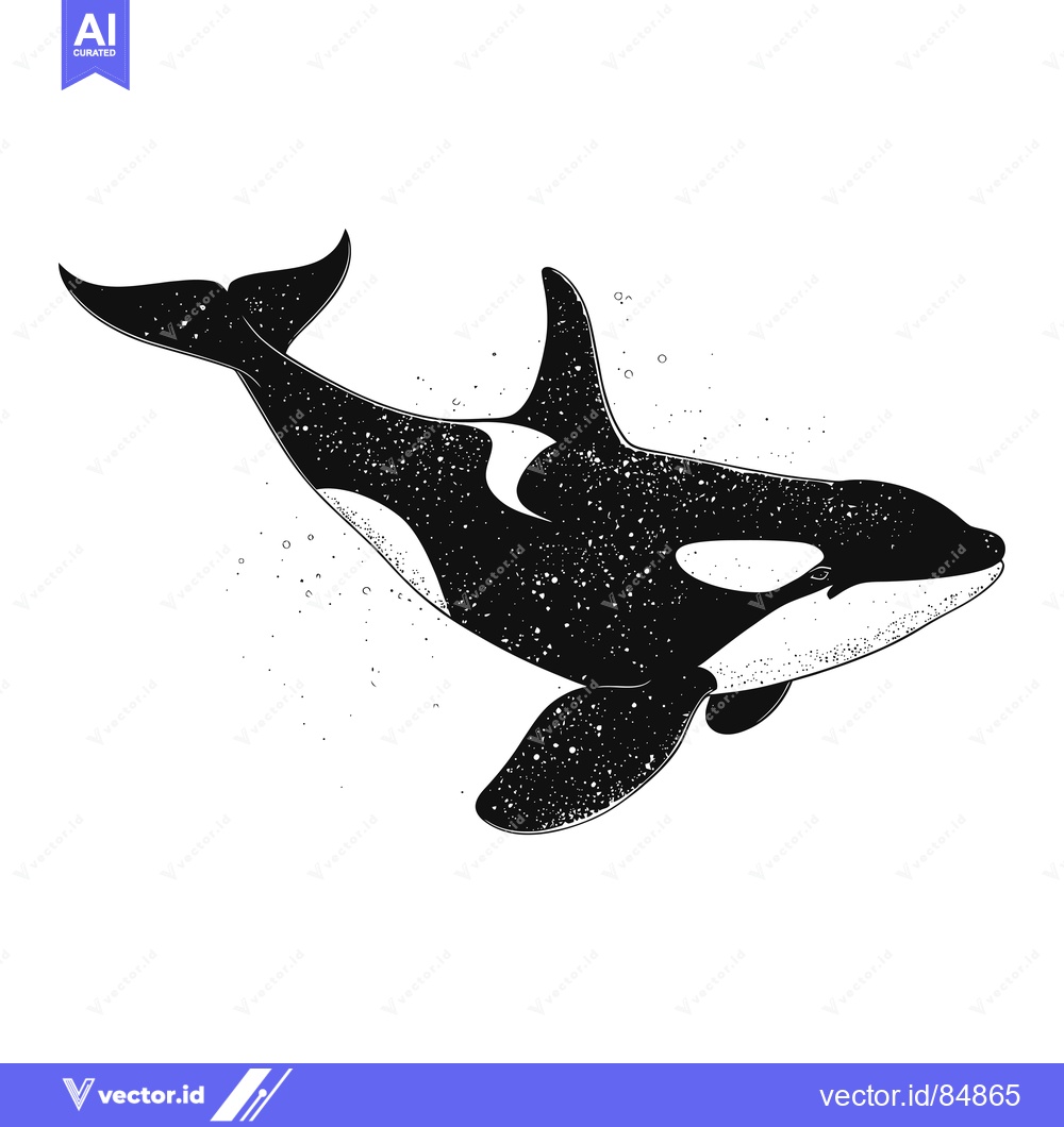 Premium Vector dari Black and White Illustrated Orca Whale with Speckled Pattern
