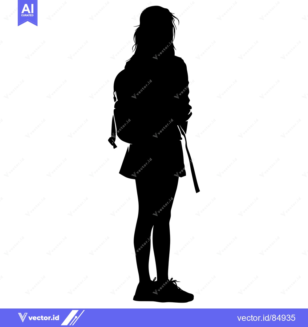 Premium Vector dari Silhouette of a Girl with a Backpack Standing on a White Background