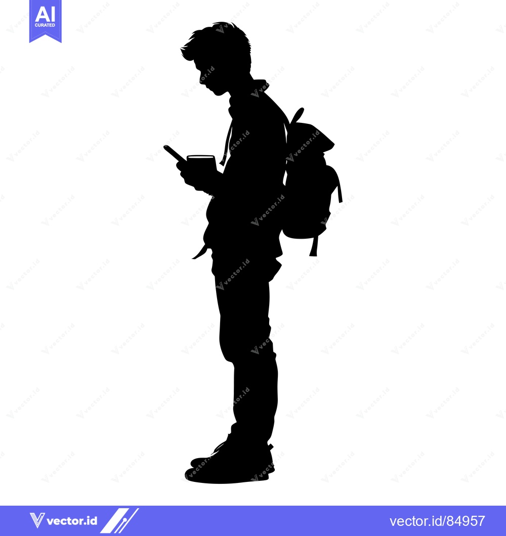 Premium Vector of Silhouette of a Person with a Backpack Holding a Phone