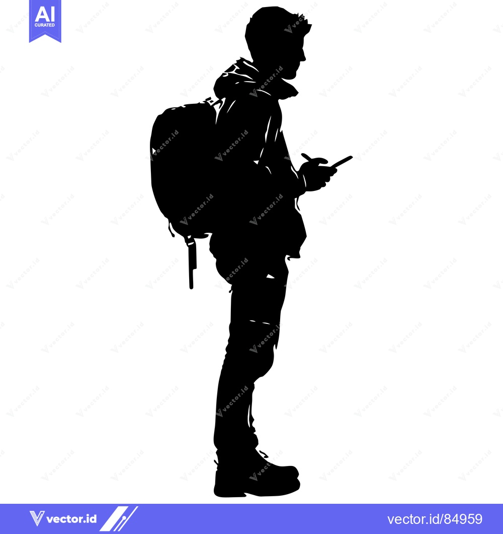 Premium Vector of Silhouette of a man with a backpack looking at his phone