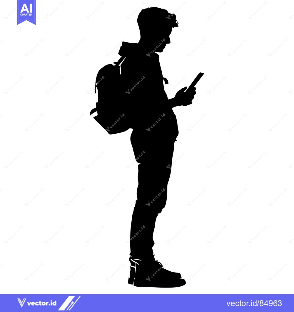 Premium Vector dari Silhouette of a Young Man with Backpack Using a Smartphone
