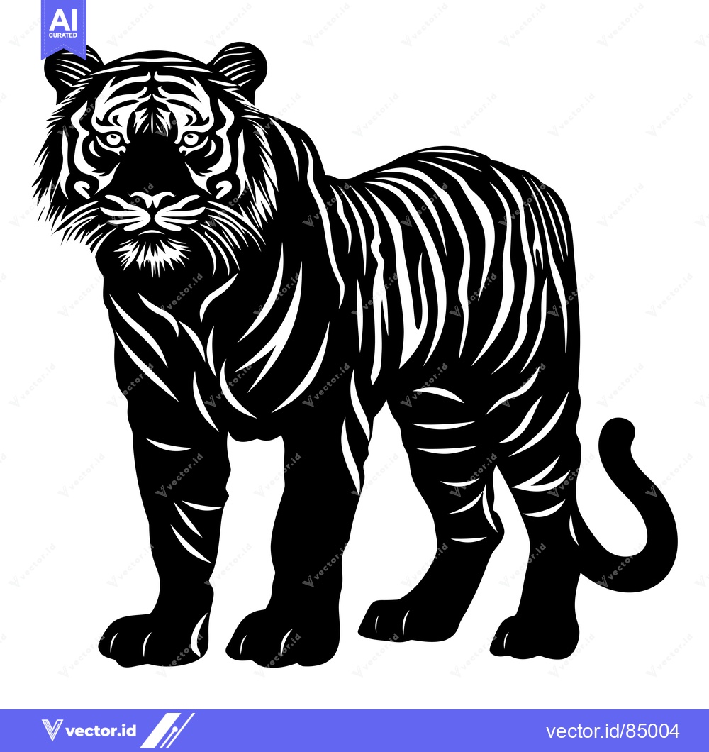 Premium Vector of Black and White Illustration of a Standing Tiger