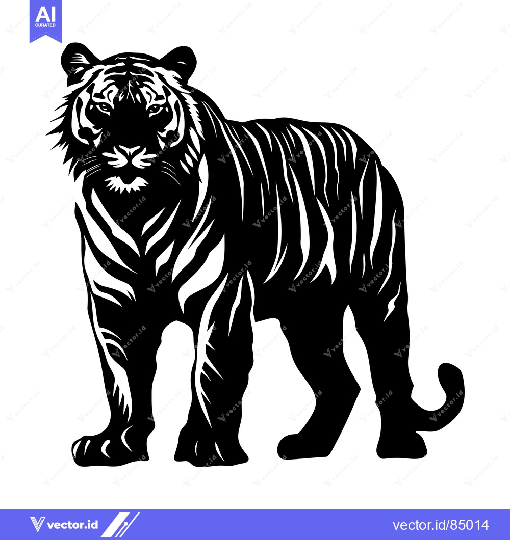 Premium Vector of Black and White Illustration of a Standing Tiger