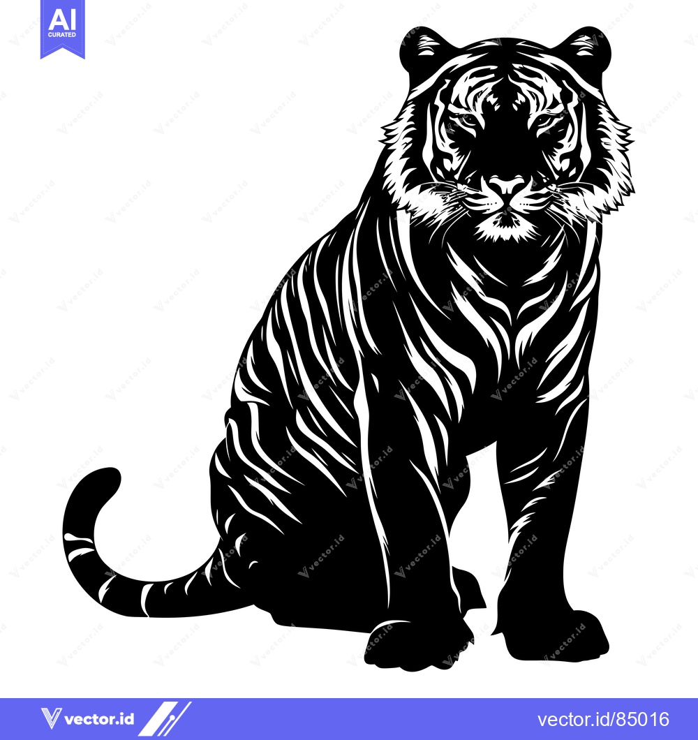 Premium Vector of Black and White Illustration of a Sitting Tiger