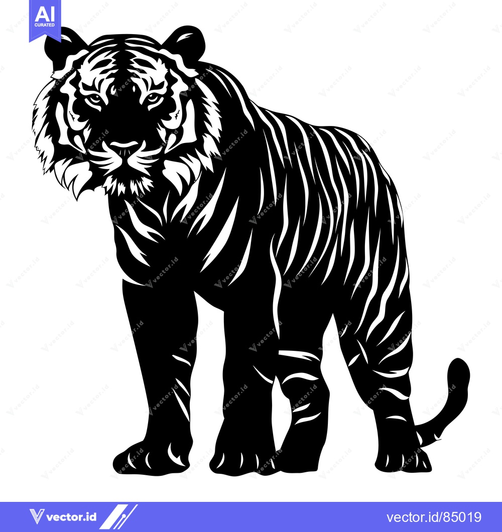 Premium Vector of Black and White Illustration of a Standing Tiger