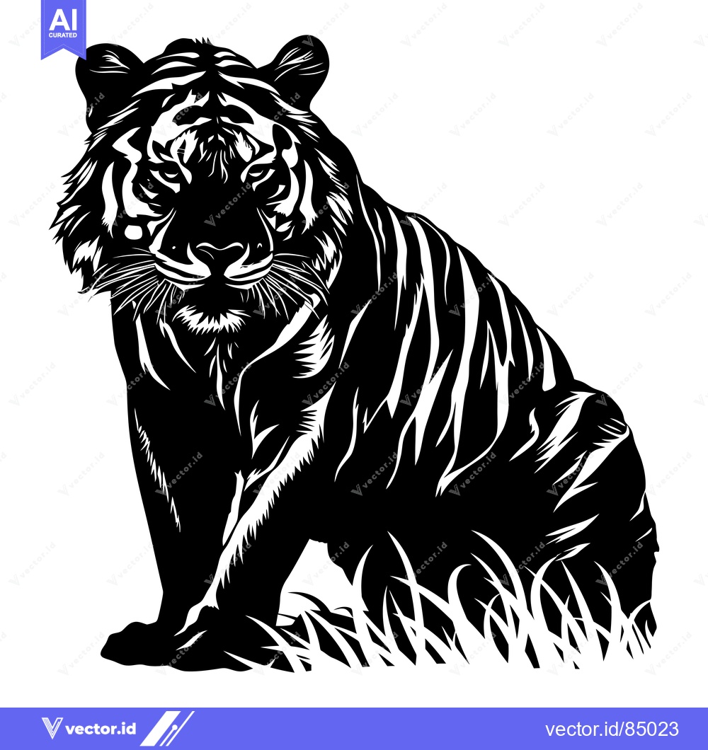 Premium Vector dari Black and White Silhouette of a Tiger Sitting in Tall Grass