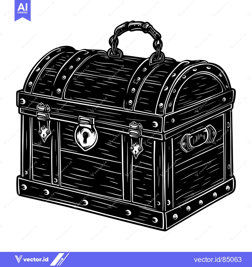 Premium Vector of Black and white illustration of a wooden treasure chest with a lock