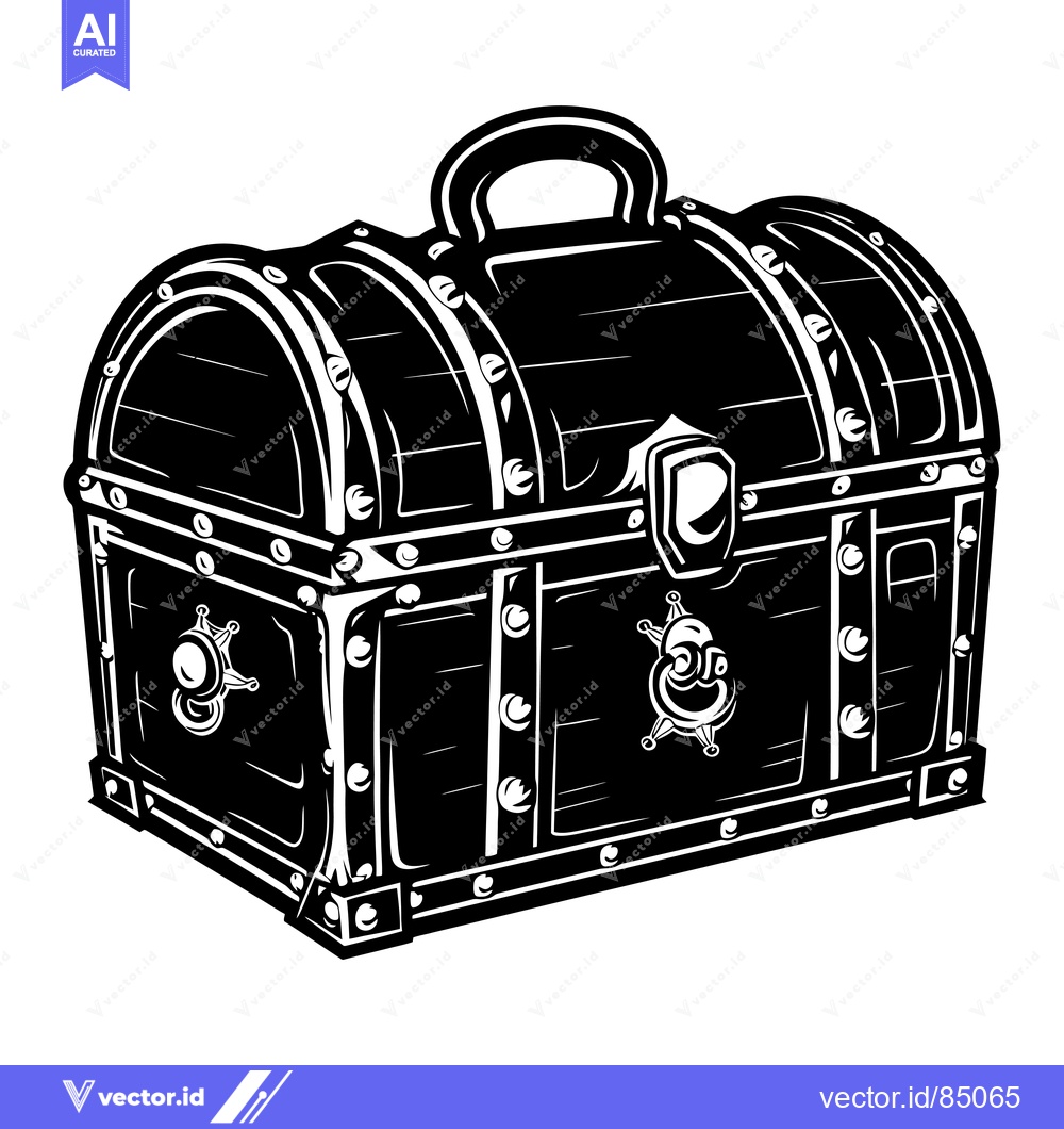 Premium Vector of Black and White Illustration of a Closed Wooden Chest with Metal Accen