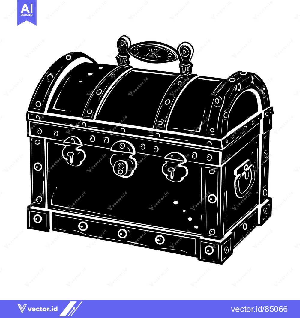 Premium Vector dari Black and White Illustration of a Closed Wooden Chest with Metal Hardw