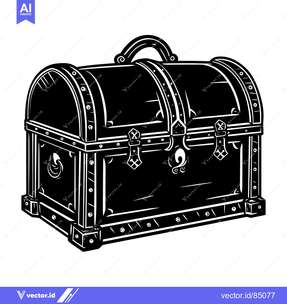 Premium Vector dari Black and White Illustration of a Closed Wooden Chest with Metal Accen