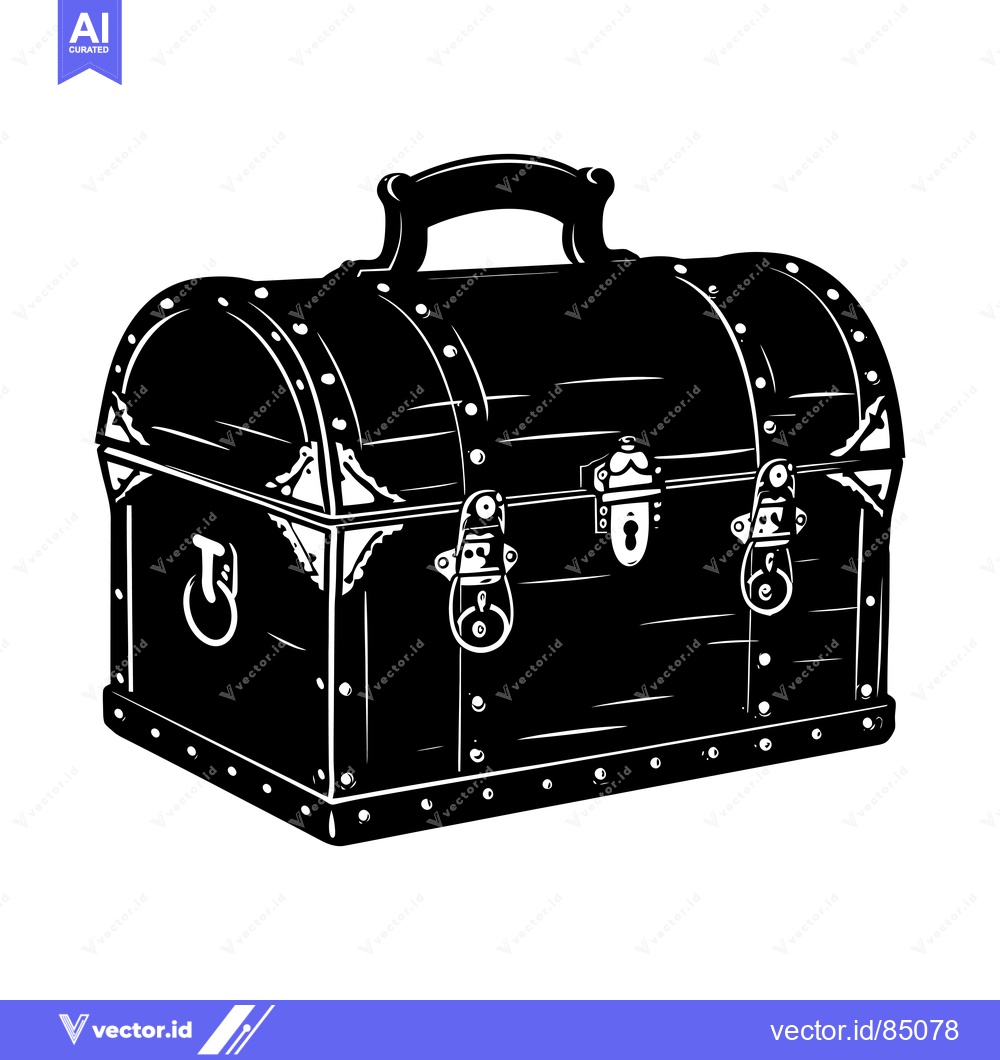 Premium Vector of Black and White Illustration of a Closed Wooden Chest with Metal Hardw