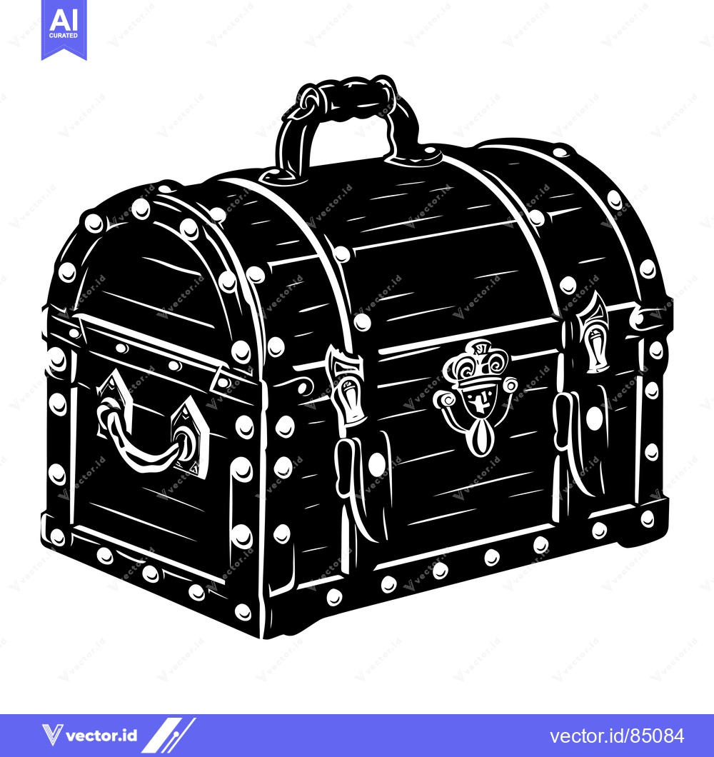 Premium Vector dari Black and White Illustration of a Closed Wooden Chest with Metal Accen