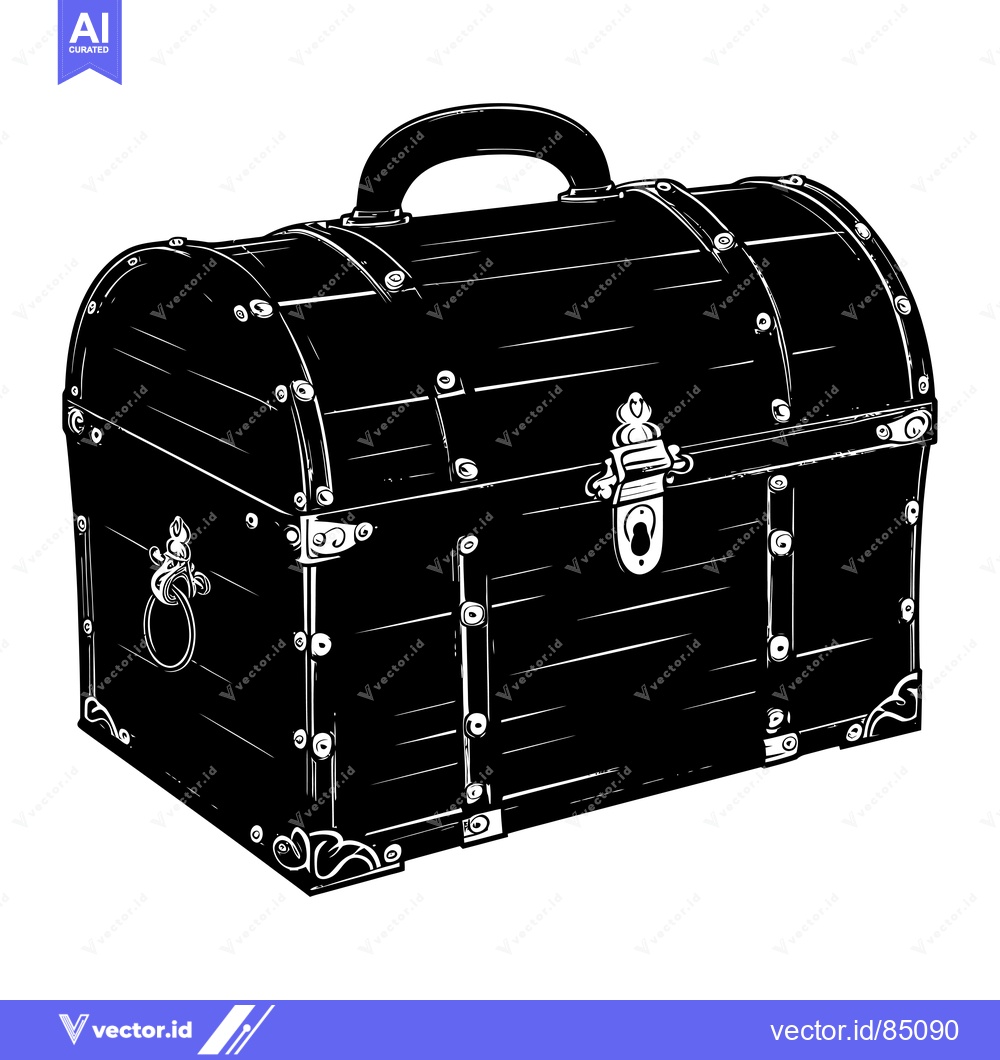 Premium Vector dari Black and White Illustration of a Wooden Chest with Metal Accents