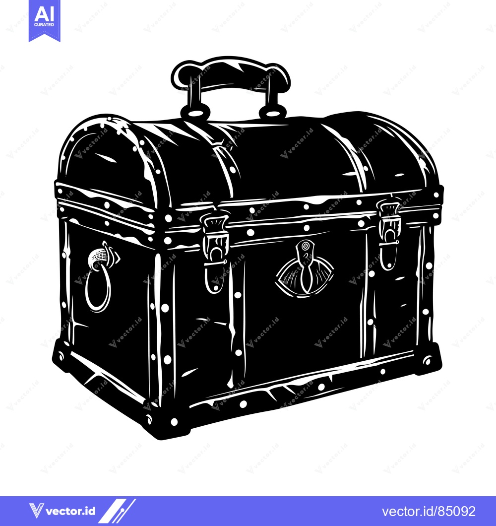 Premium Vector dari Black and White Illustration of a Wooden Chest with Metal Hardware