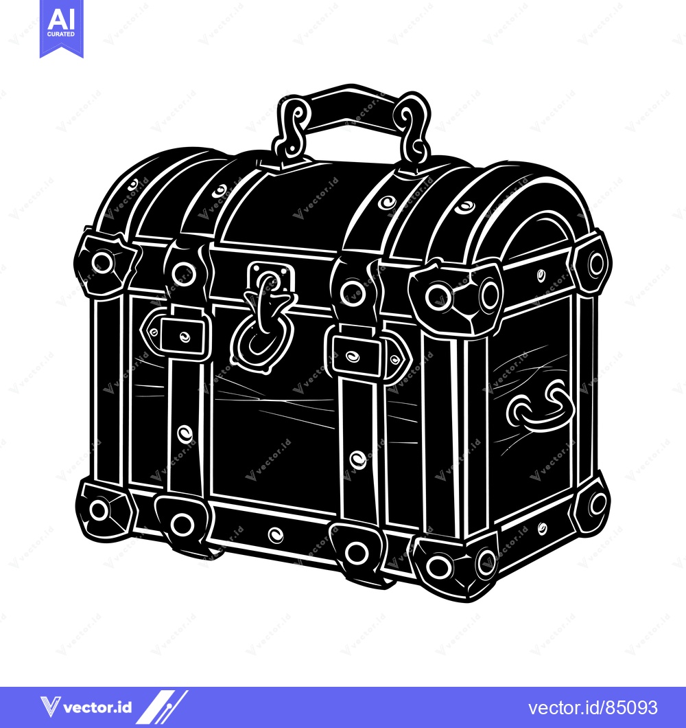 Premium Vector dari Black and White Illustration of a Wooden Chest with Ornate Metal Hardw