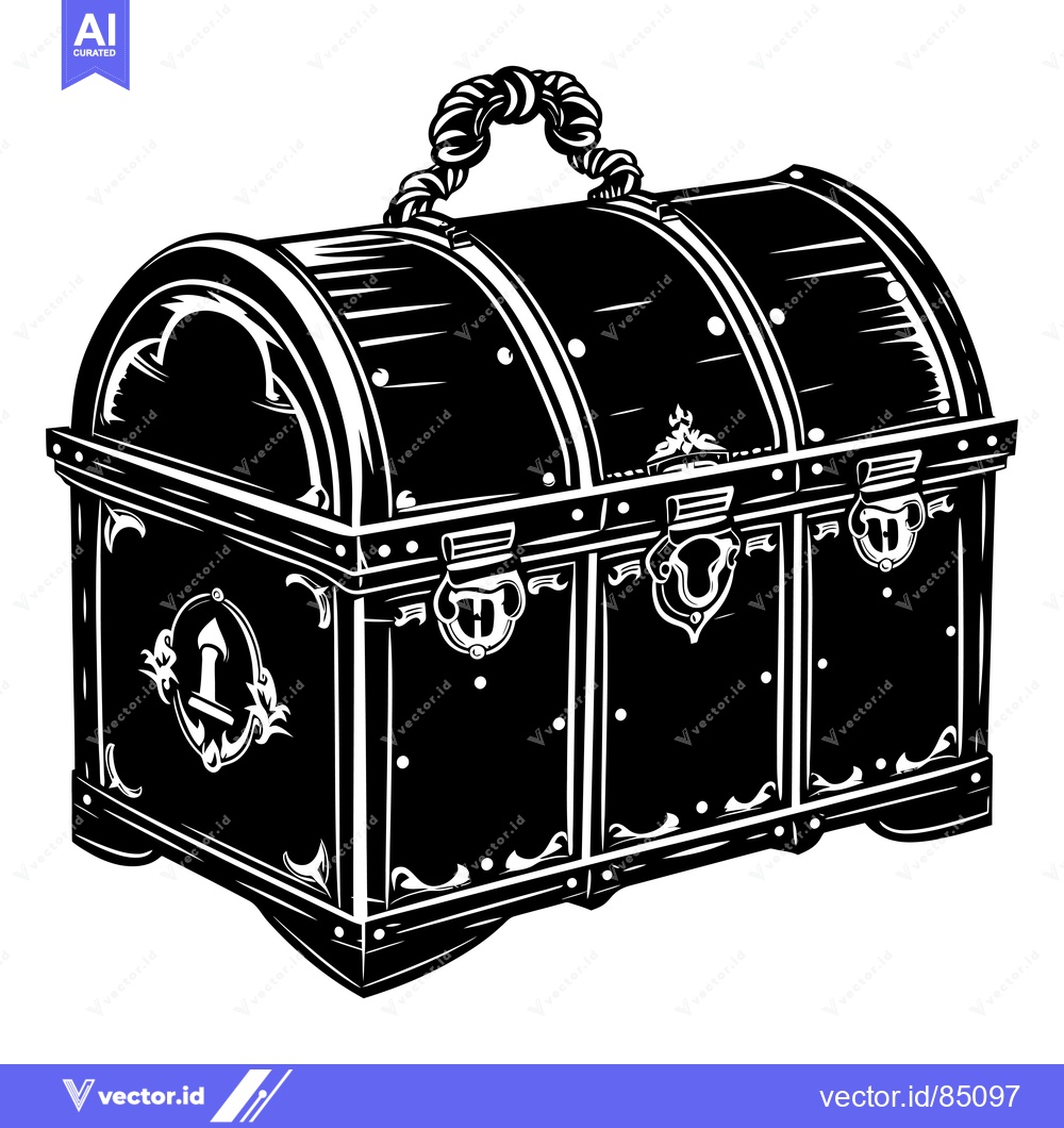 Premium Vector of A Black and White Illustration of a Wooden Treasure Chest with a Rope