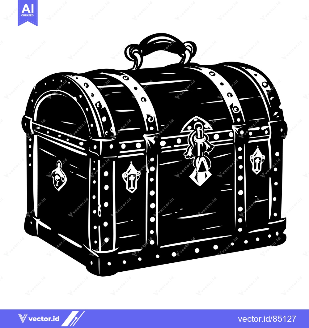 Premium Vector dari A Black and White Illustration of a Wooden Chest with Metal Accents