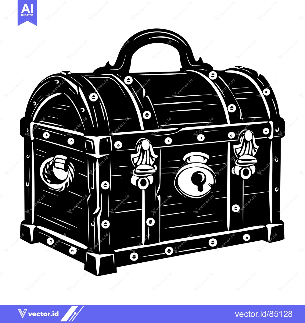 Premium Vector of Black and White Illustration of a Closed Wooden Chest with Metal Hardw