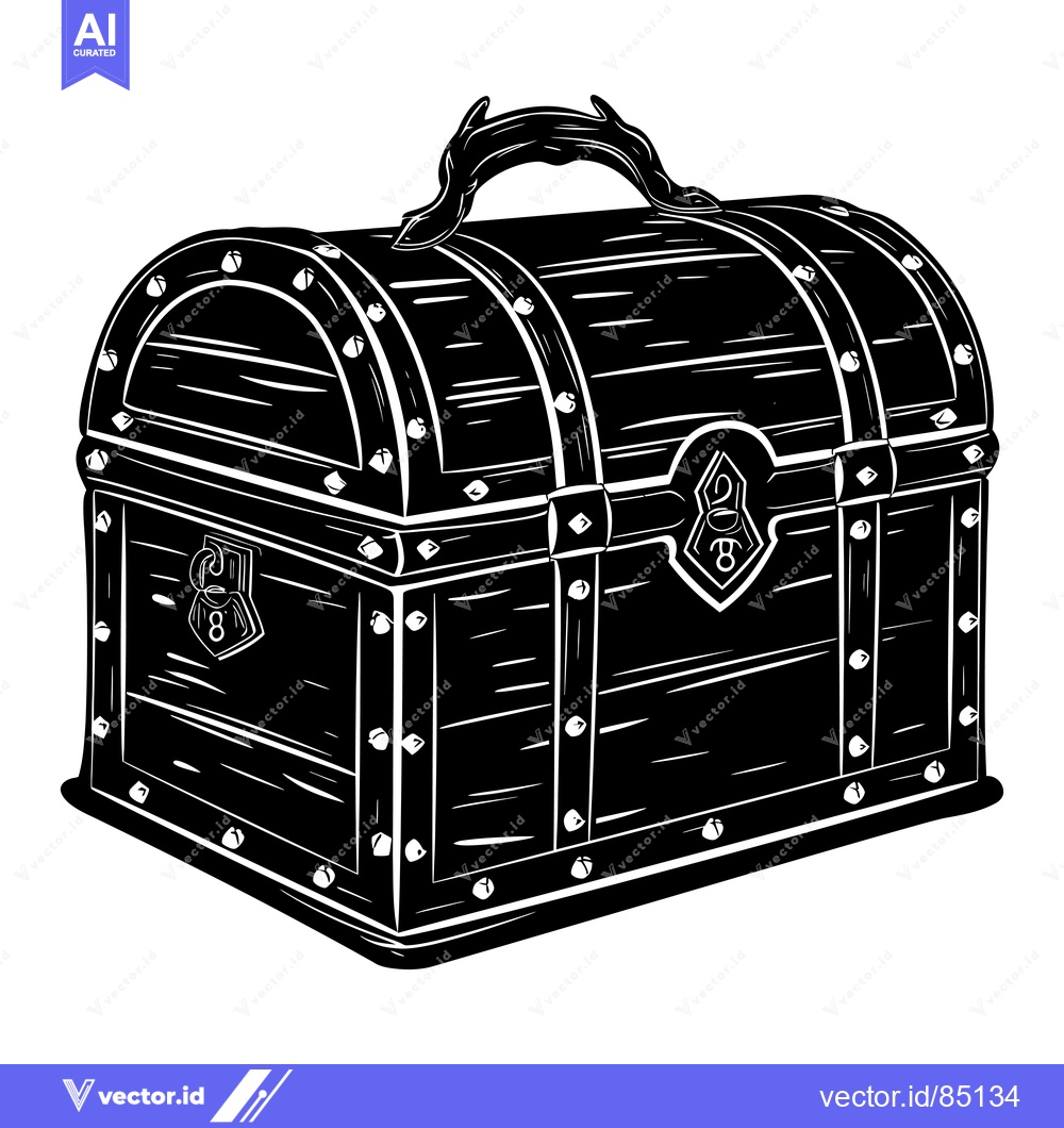 Premium Vector of A Black and White Illustration of a Closed Wooden Chest with Metal Acc