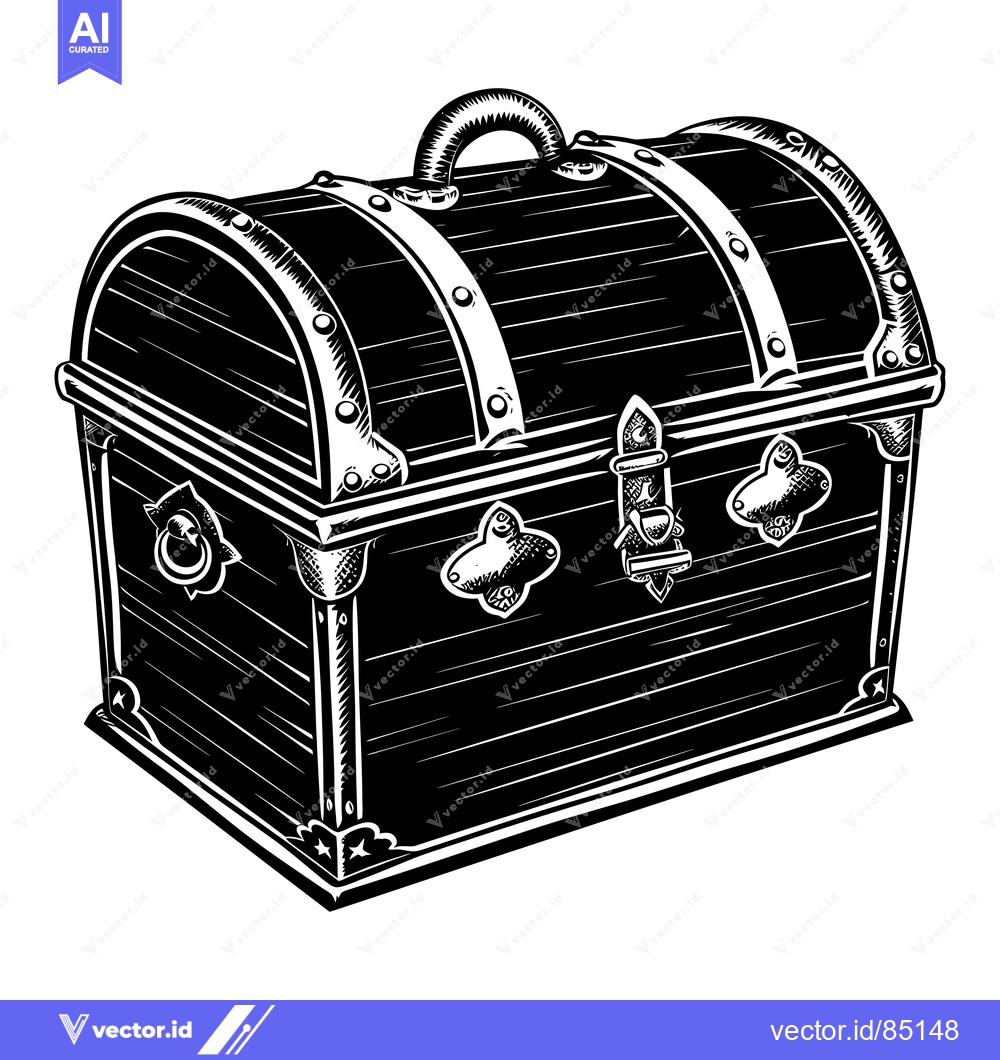 Premium Vector dari Black and White Illustration of a Wooden Treasure Chest with Metal Acc