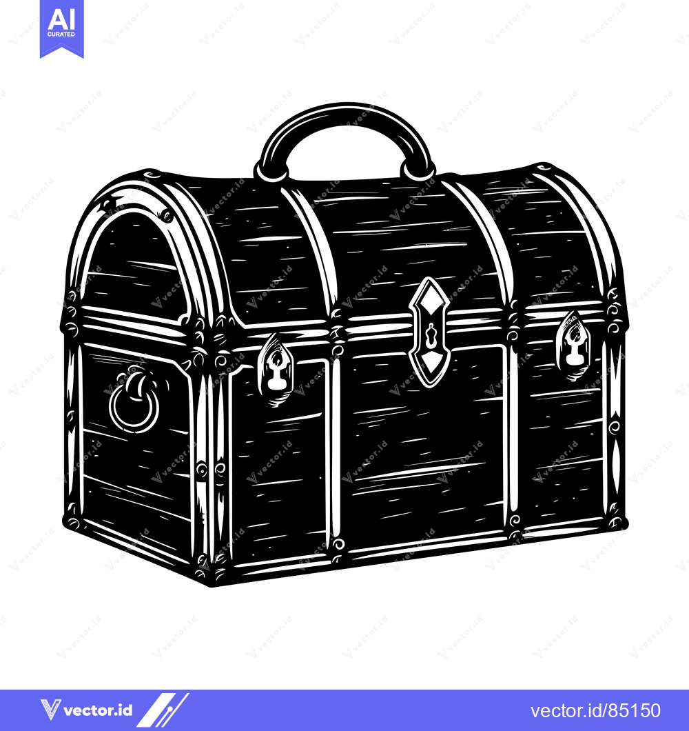 Premium Vector of Black and White Illustration of a Wooden Chest with a Handle