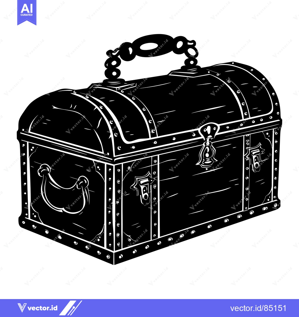 Premium Vector dari Black and White Illustration of a Wooden Chest with Metal Accents