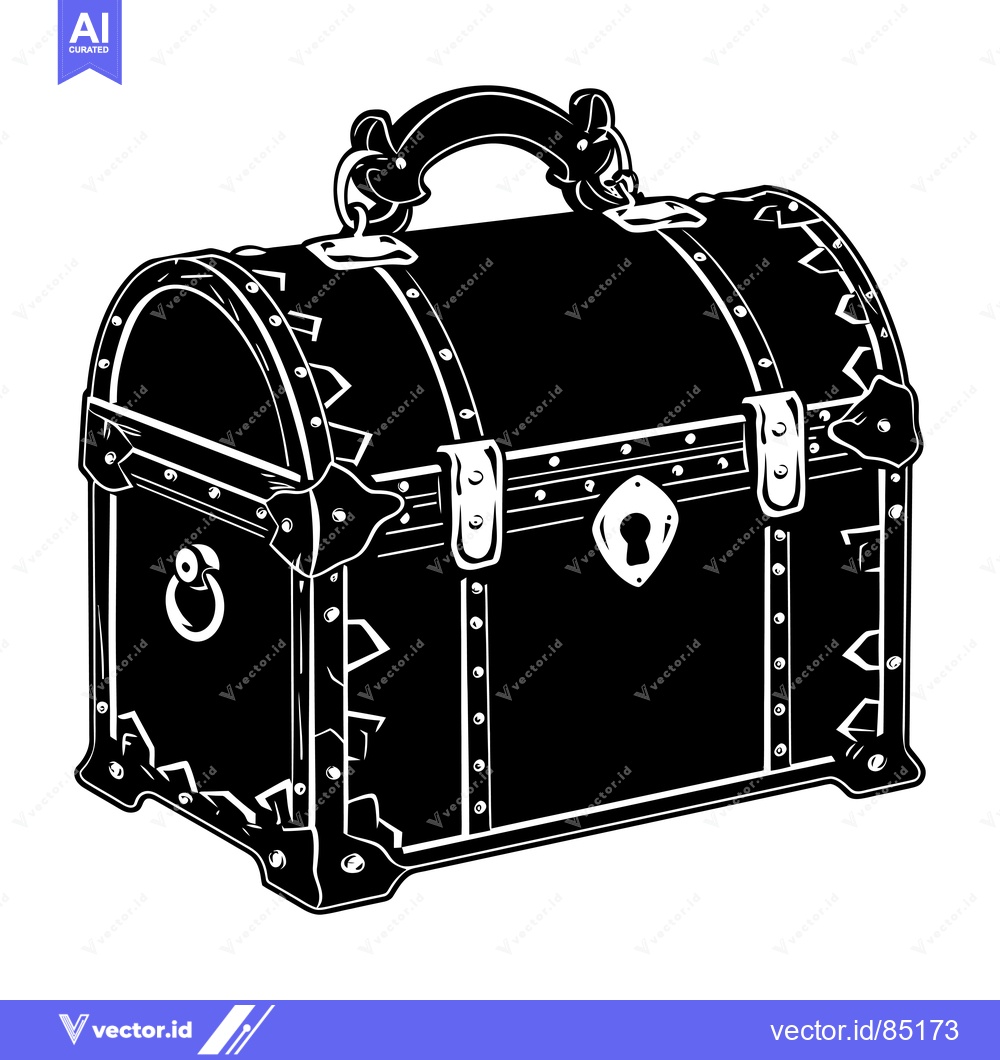 Premium Vector dari Black and White Illustration of a Closed Wooden Chest with Metal Accen