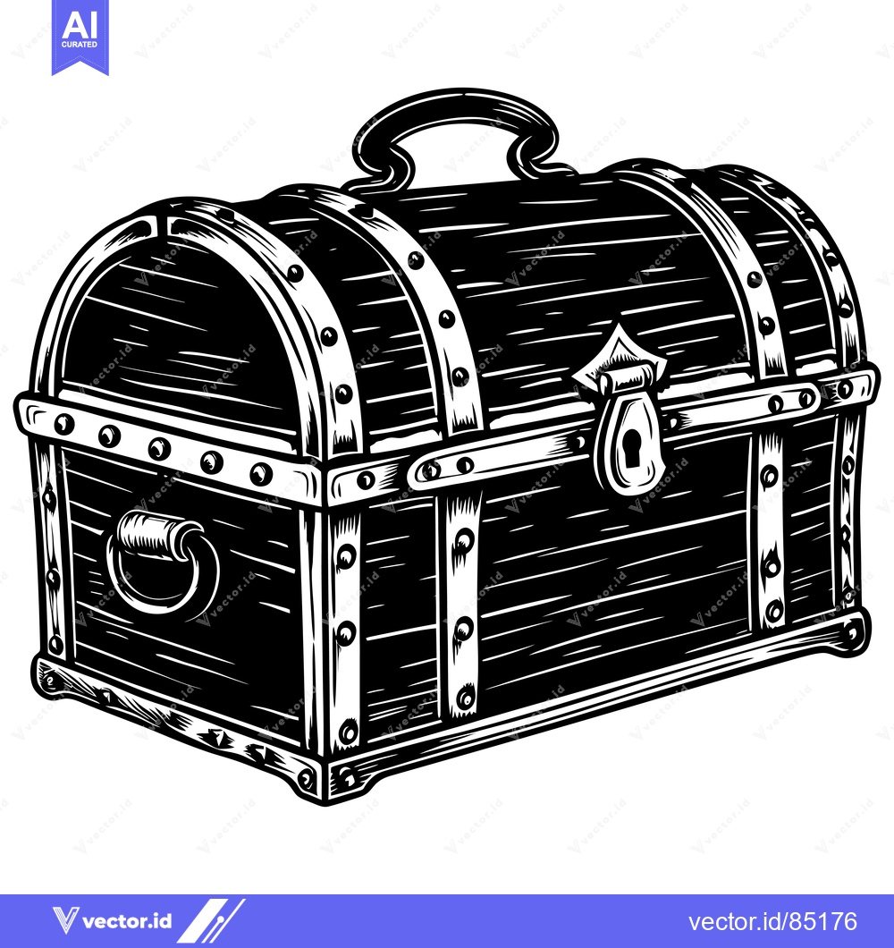 Premium Vector dari A vintage wooden chest with metal accents, featuring a hinged lid, loc