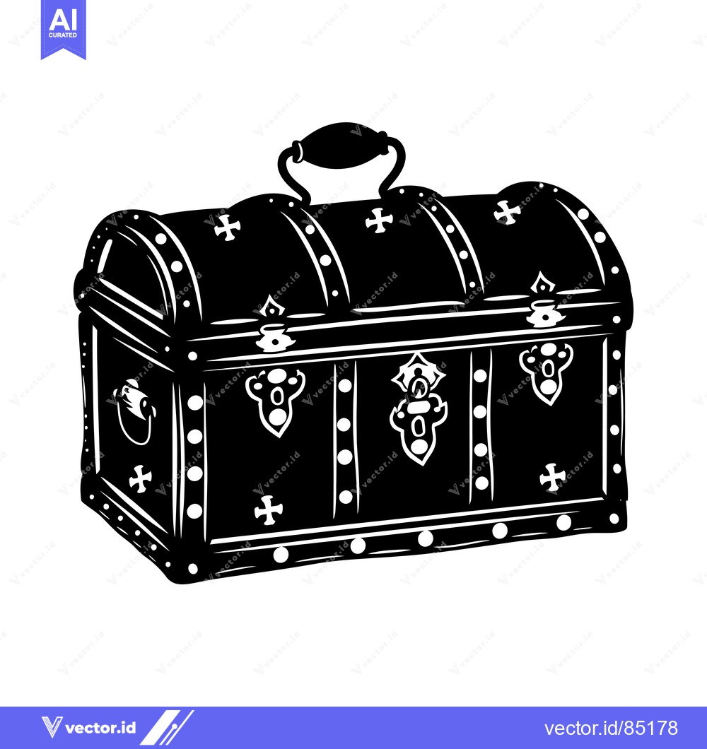Premium Vector dari Black and White Illustration of a Closed Wooden Chest with Ornate Deta