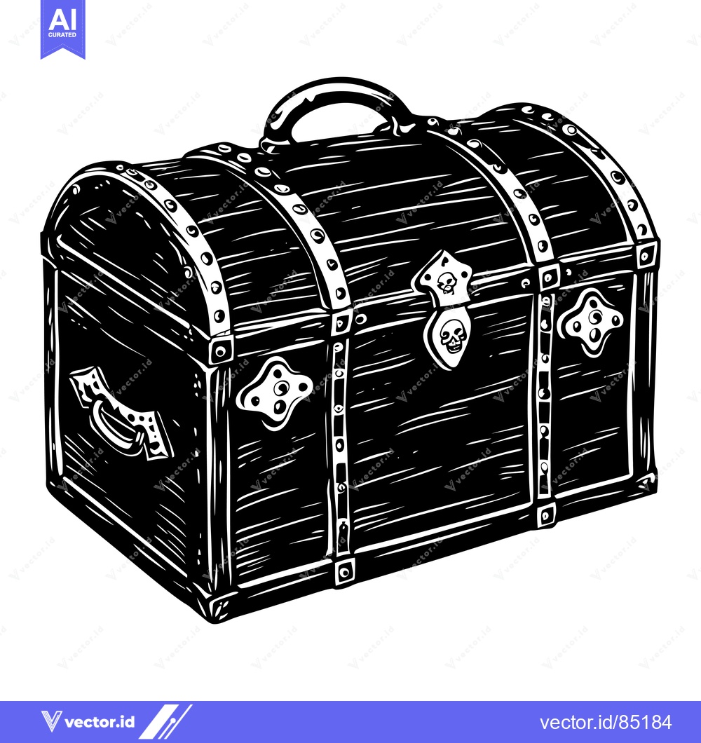 Premium Vector of Black and White Illustration of a Wooden Chest with a Skull Lock