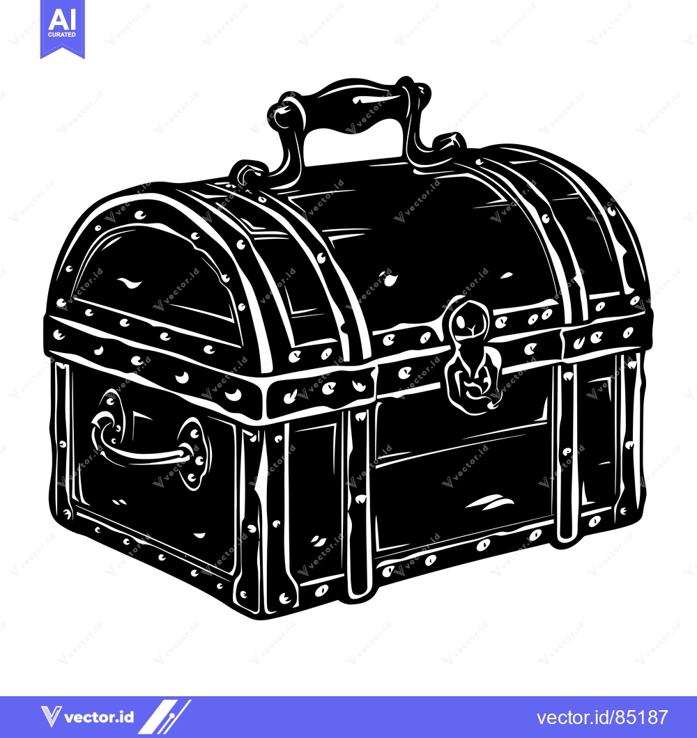 Premium Vector dari Black and White Illustration of a Wooden Chest with Metal Accents
