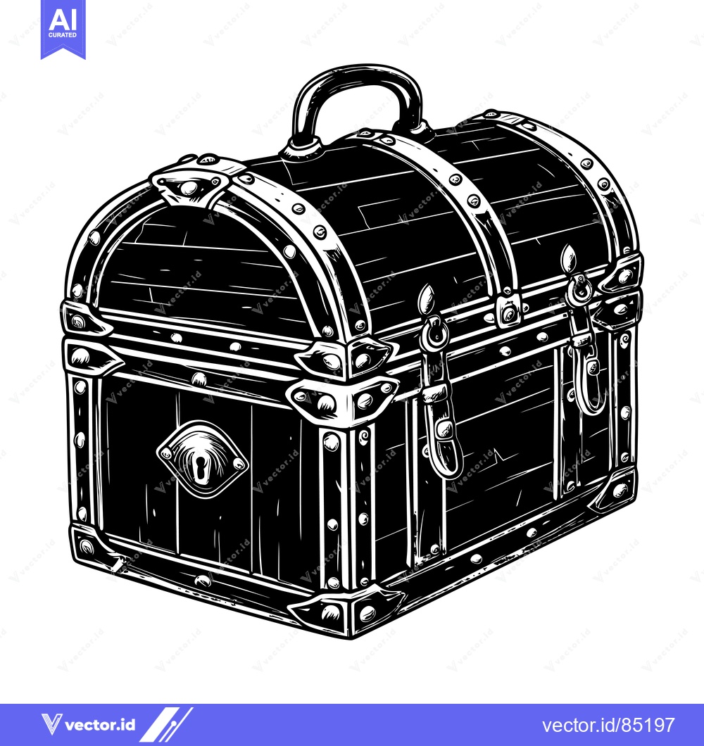 Premium Vector of Black and White Illustration of a Closed Wooden Chest with Metal Hardw