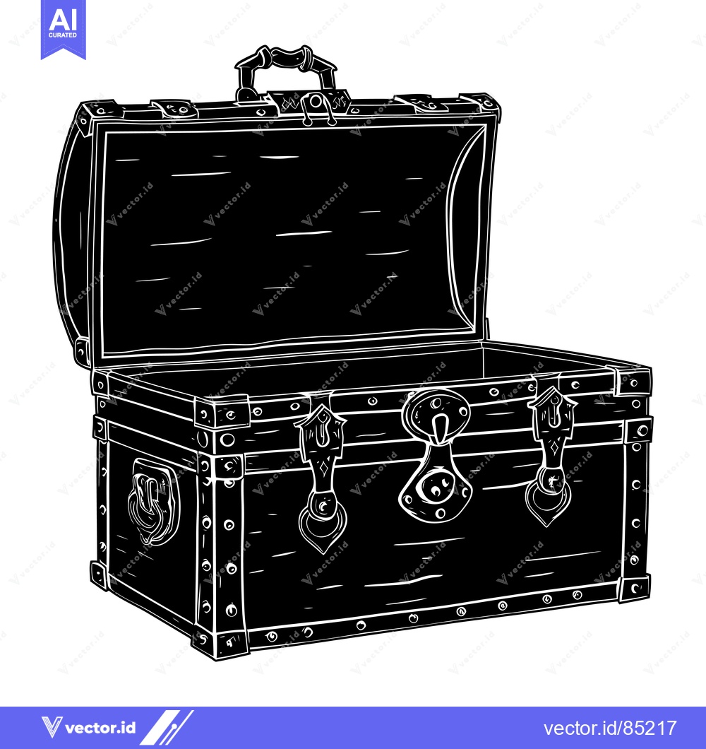 Premium Vector of A Black and White Illustration of an Open Wooden Chest with Metal Hard