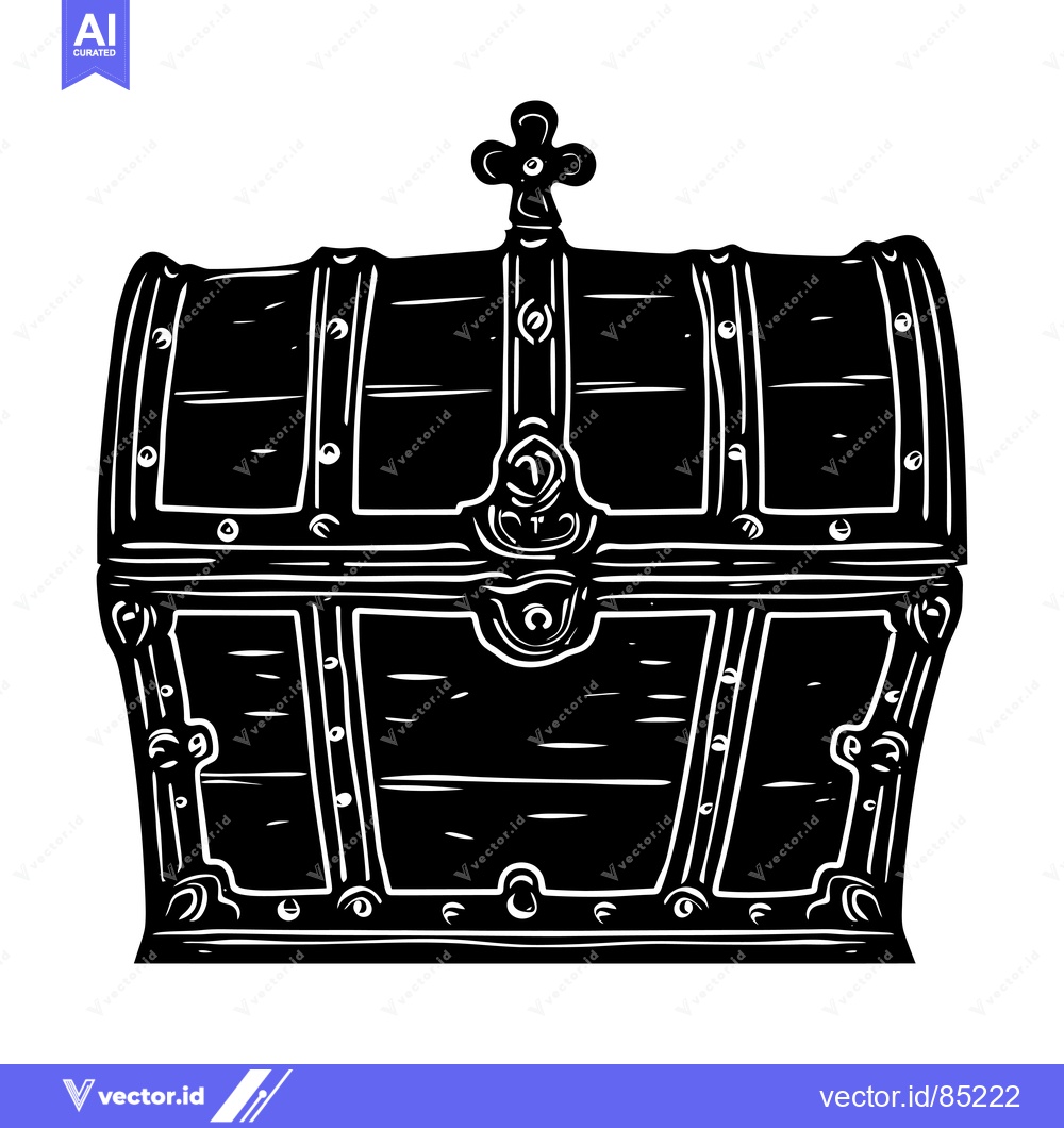 Premium Vector of Black and White Illustration of a Closed Wooden Chest with Ornate Deta