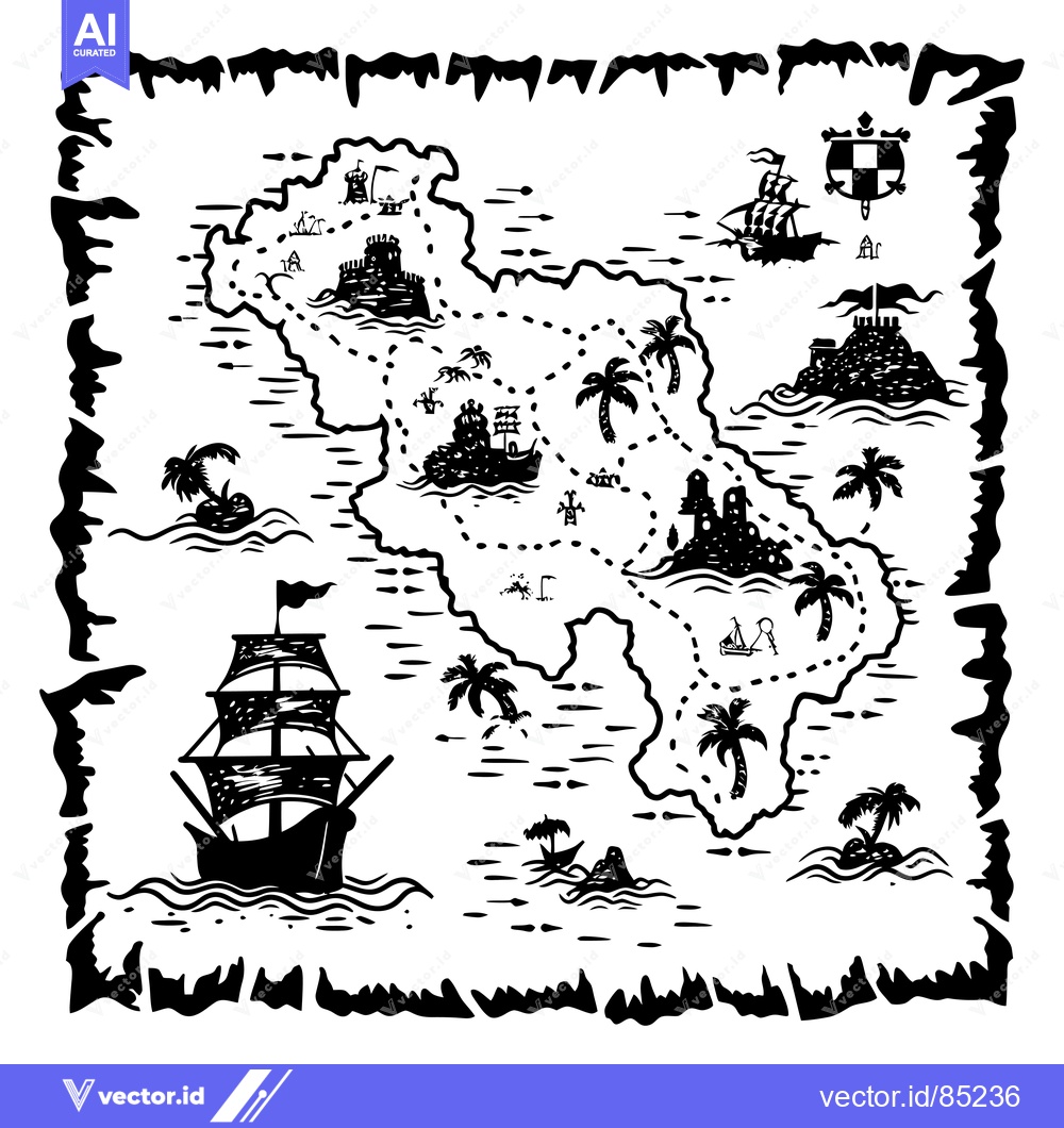 Premium Vector of A Black and White Hand-Drawn Treasure Map with Islands and Ships