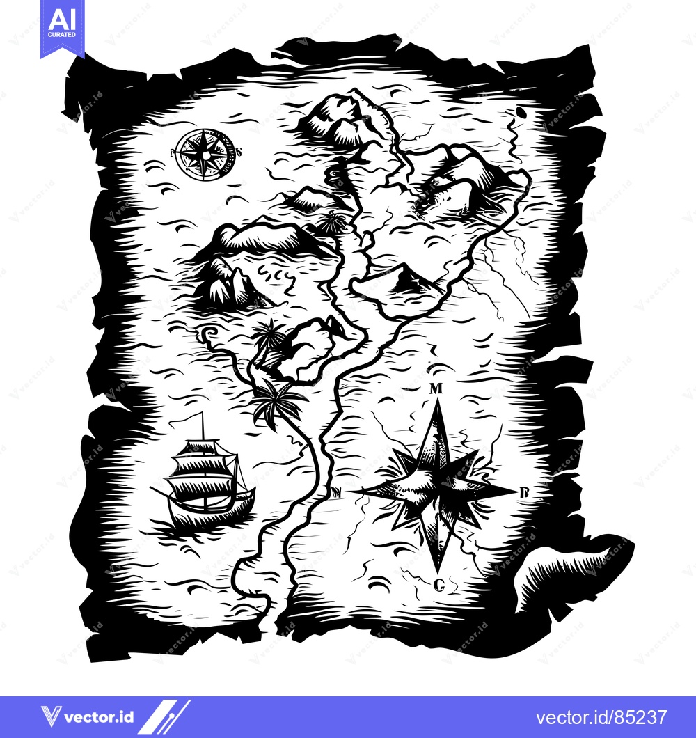Premium Vector dari An Illustrated Black and White Treasure Map with Mountains, Palms, and