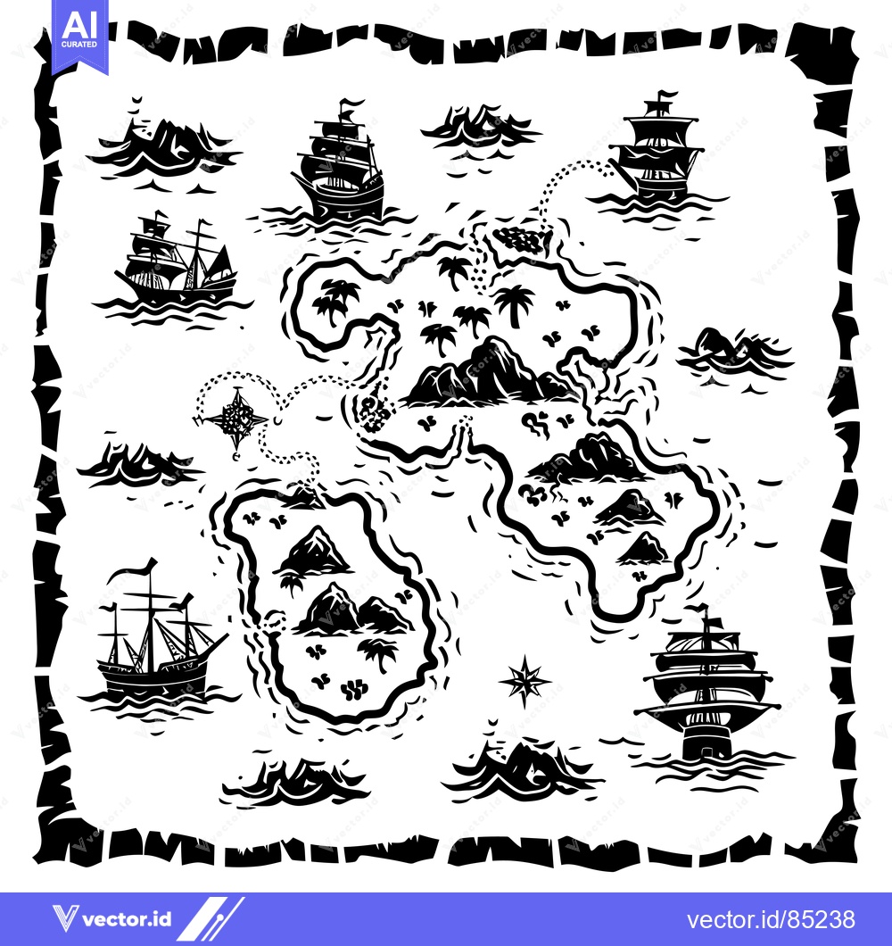 Premium Vector dari Black and White Treasure Map with Ships and Islands