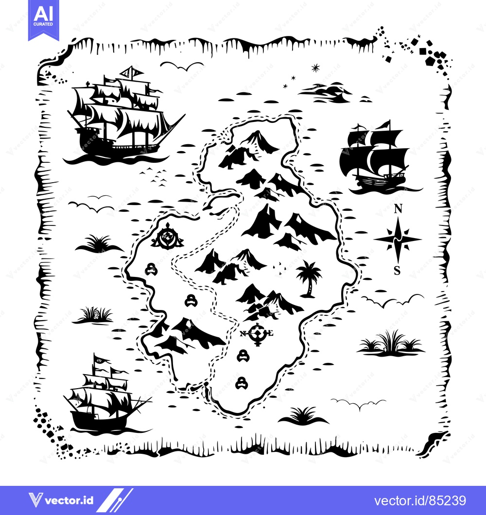 Premium Vector dari Black and White Treasure Map with Ships and Island