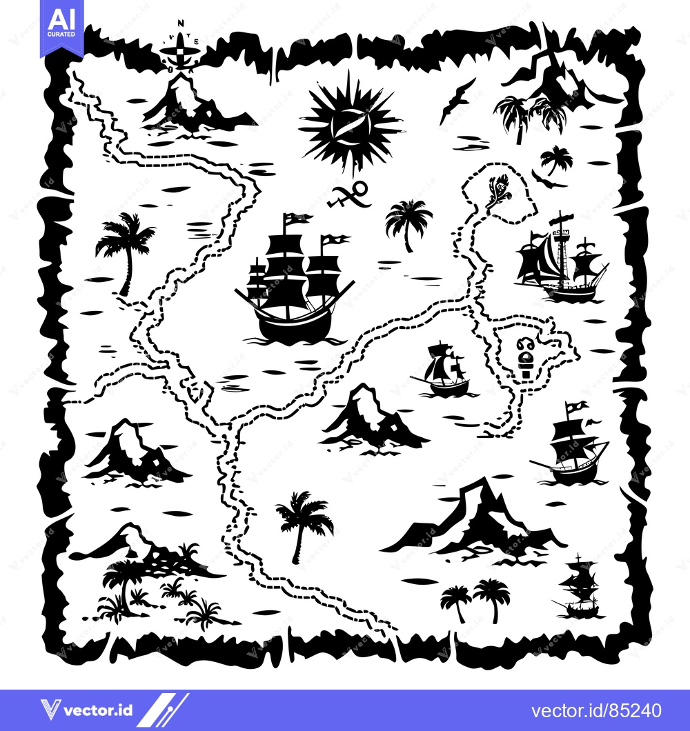 Premium Vector of Black and White Treasure Map with Ships and Islands