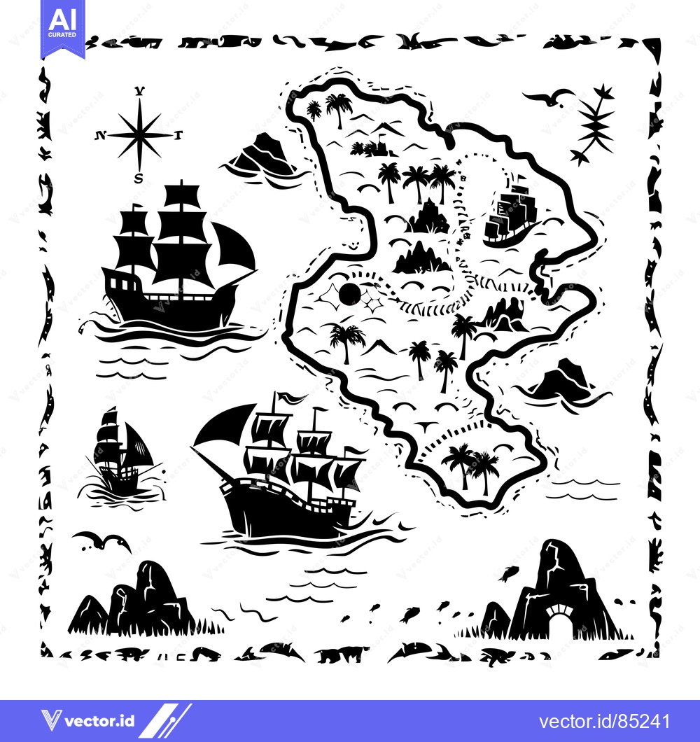 Premium Vector dari Black and White Illustration of a Treasure Map with Ships and Islands