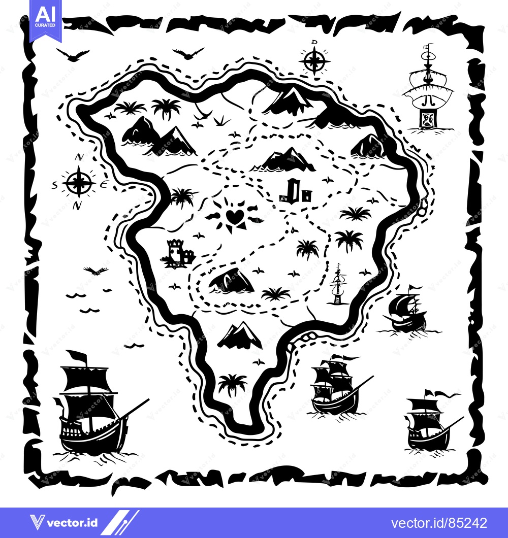 Premium Vector dari Black and White Illustration of a Pirate Treasure Map