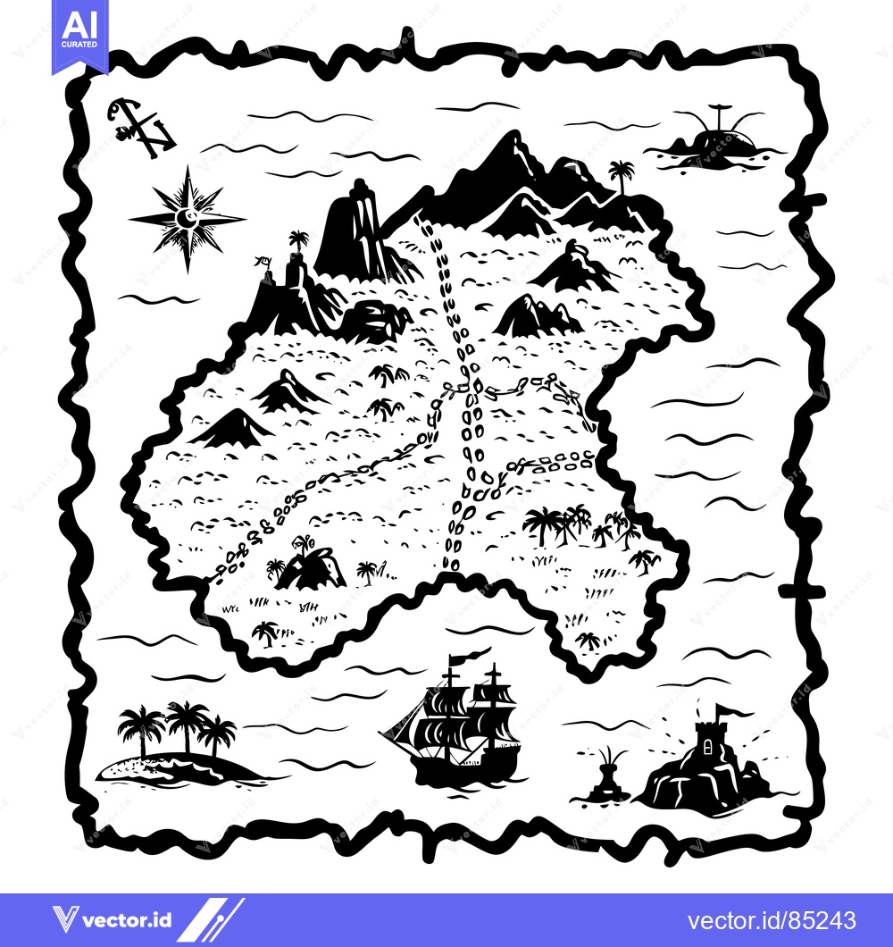 Premium Vector dari Black and White Treasure Map with Ship, Islands, and a Compass
