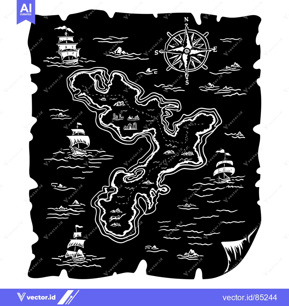 Premium Vector of A Black and White Hand-Drawn Pirate Treasure Map with an Island, Ships