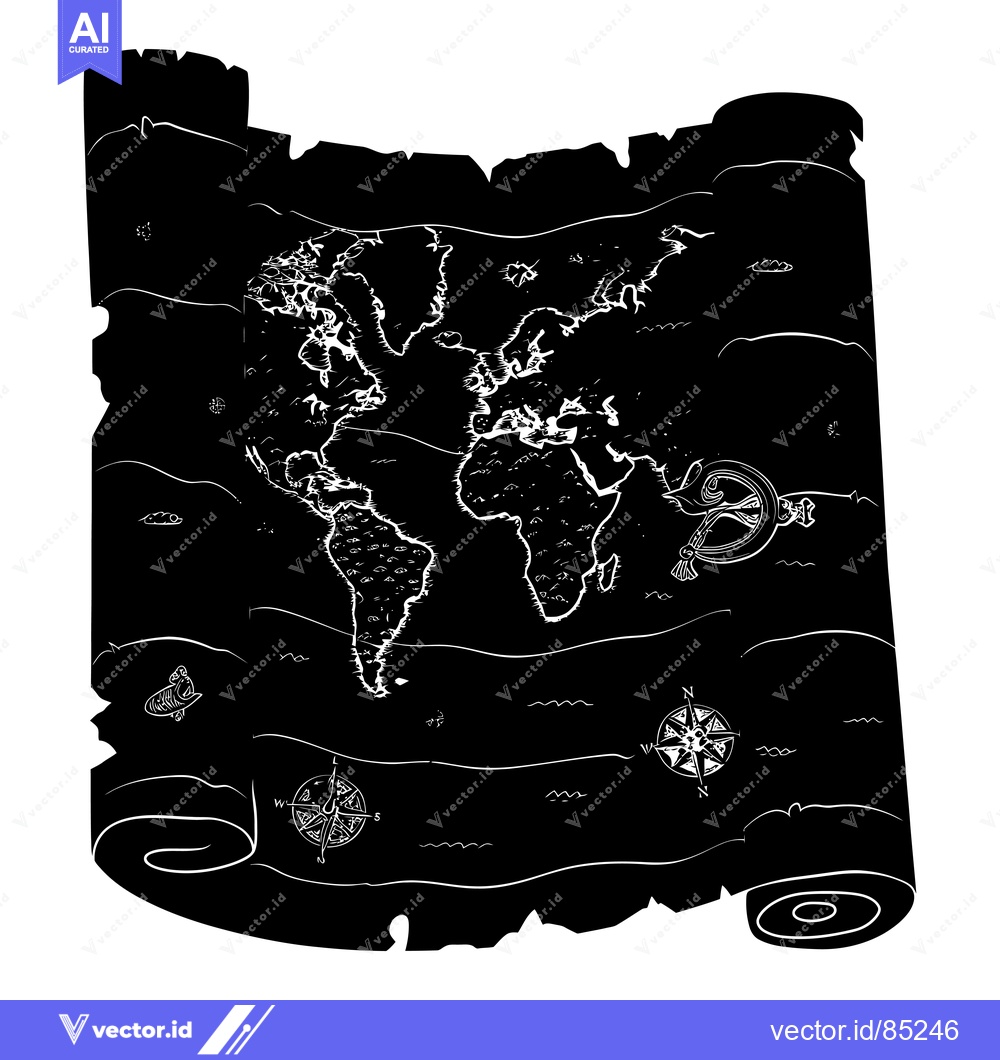 Premium Vector dari An Old World Map on a Rolled-Up Parchment