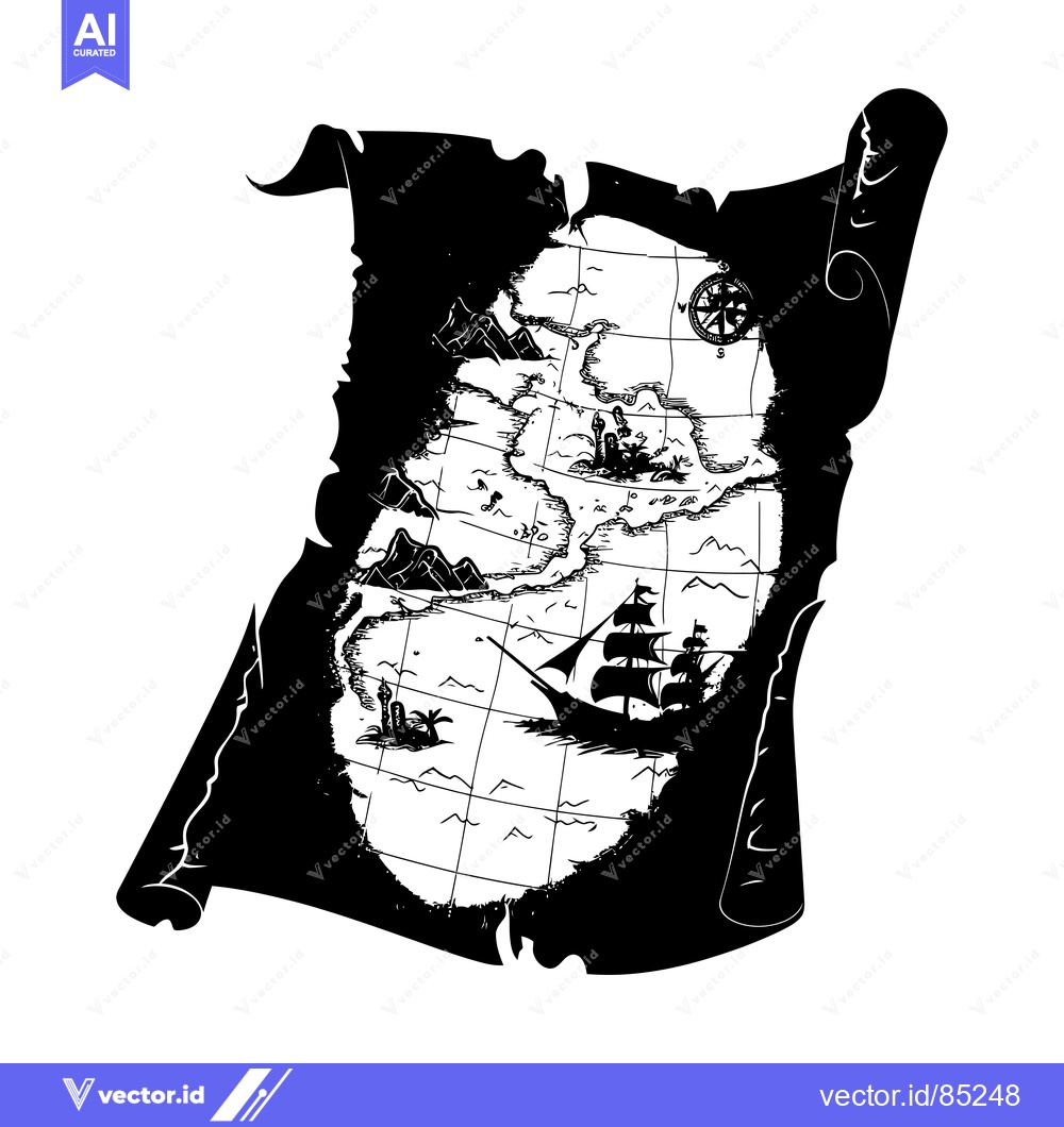 Premium Vector dari A Black and White Illustration of a Rolled-Up Treasure Map with a Ship