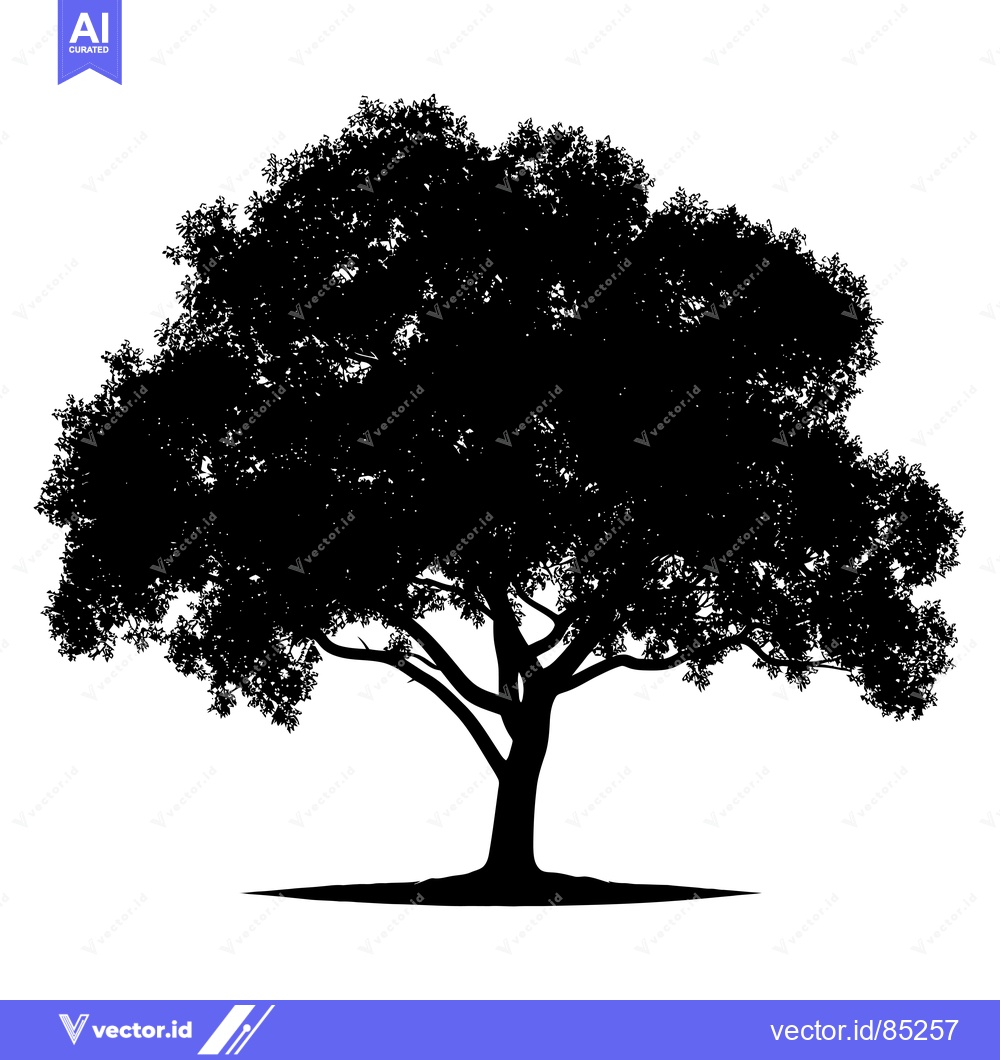 Premium Vector of Black Silhouette of a Large Deciduous Tree with a Thick Trunk and Lush